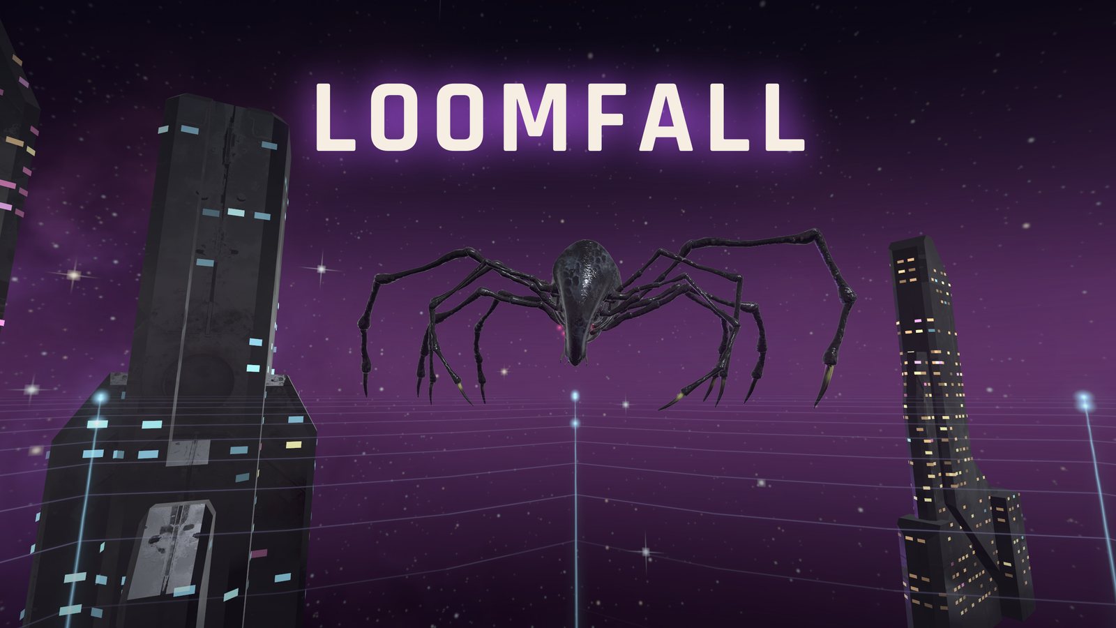 The Weaver, a colossal spider, looming over a glowing web between neon towers