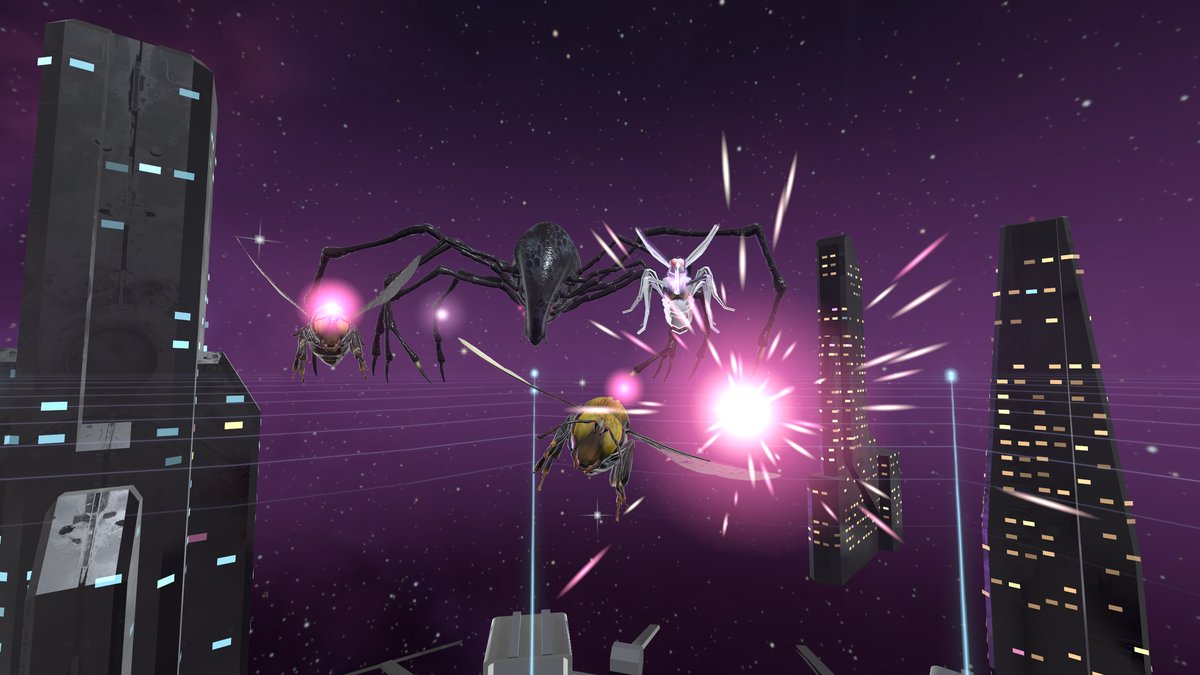 Giant bees and a mosquito attacking in the Neon City